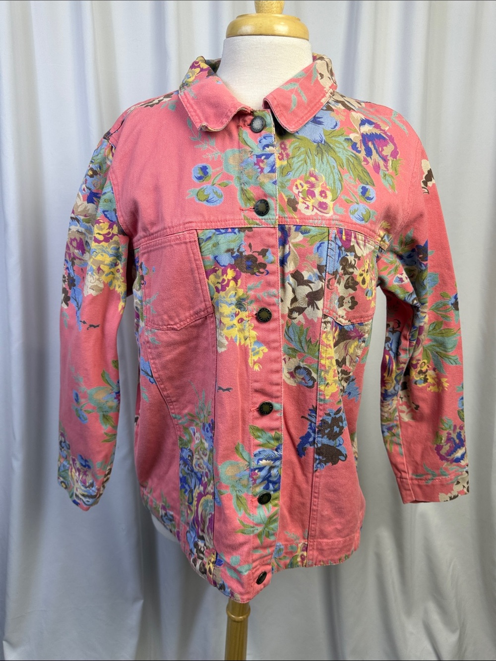 Susan Graver Coral Pink, Orange Floral Denim Jacket, Large